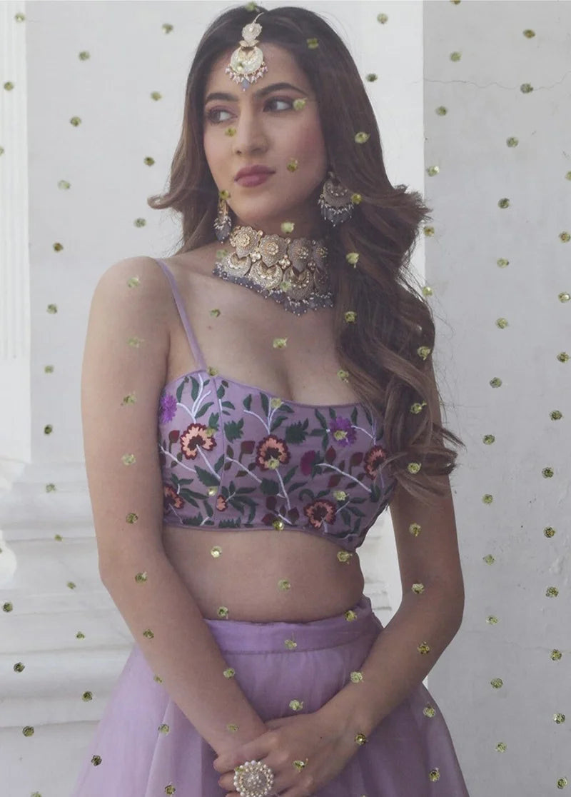 Lavender Organza Lehenga Choli with Floral Embroidery, choli close-up