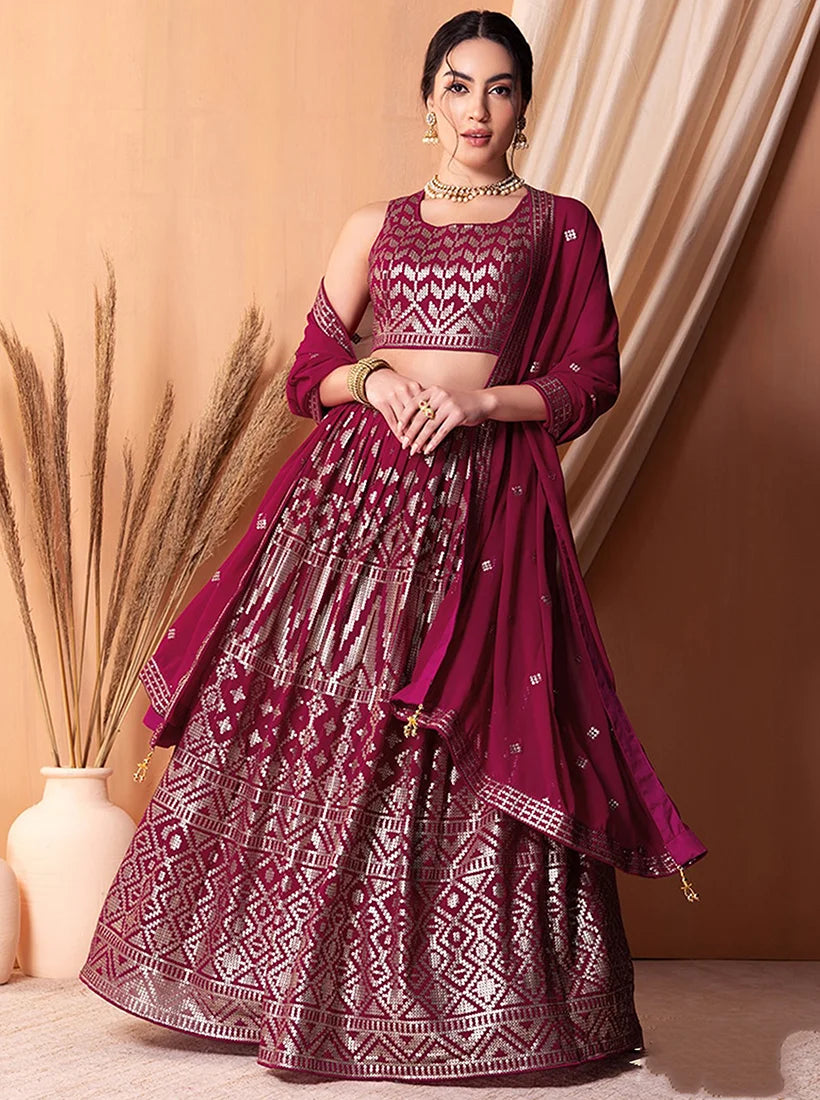 Rani Pink Georgette Sequin Lehenga Choli with Foil Print, front