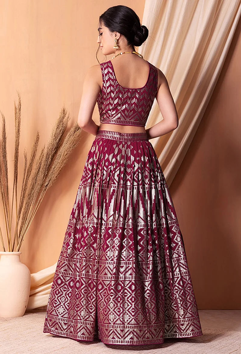 Rani Pink Georgette Sequin Lehenga Choli with Foil Print, back