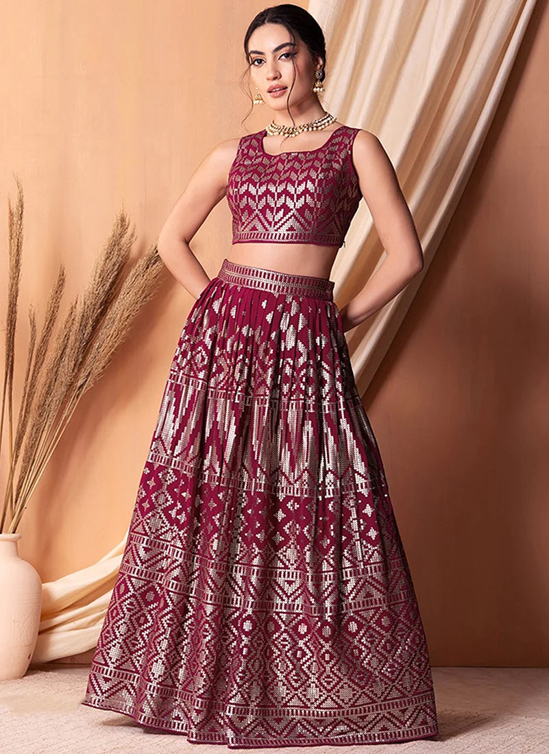 Rani Pink Georgette Sequin Lehenga Choli with Foil Print, styled on model