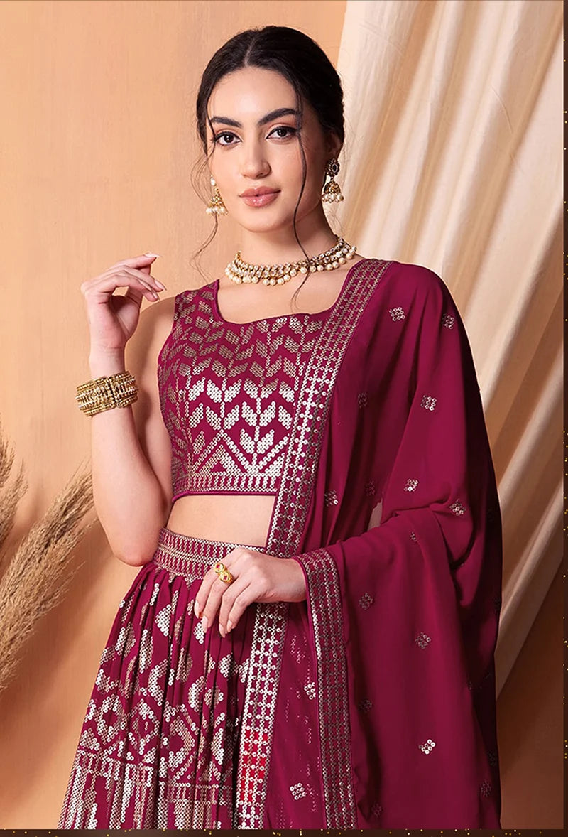 Rani Pink Georgette Sequin Lehenga Choli with Foil Print, choli close-up