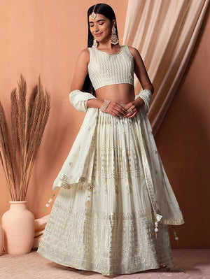 Off White Georgette Sequin Lehenga Choli with Foil Print