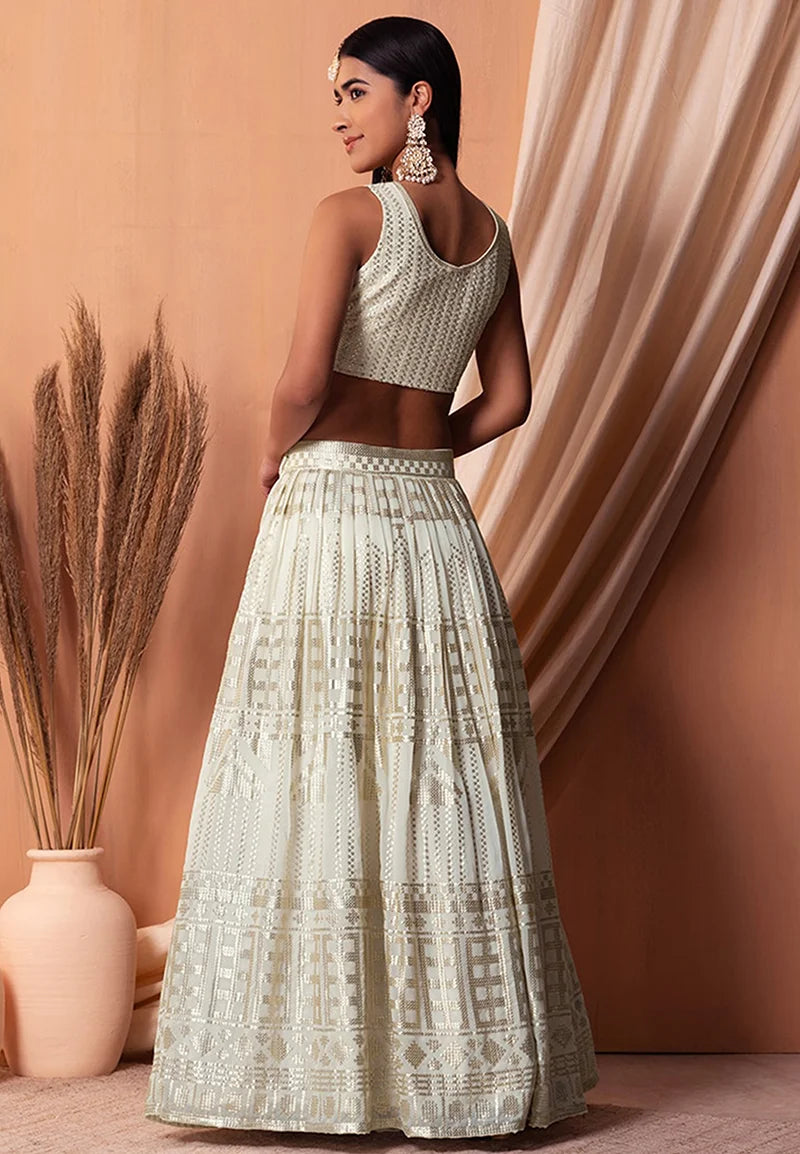 Off White Georgette Sequin Lehenga Choli with Foil Print, back