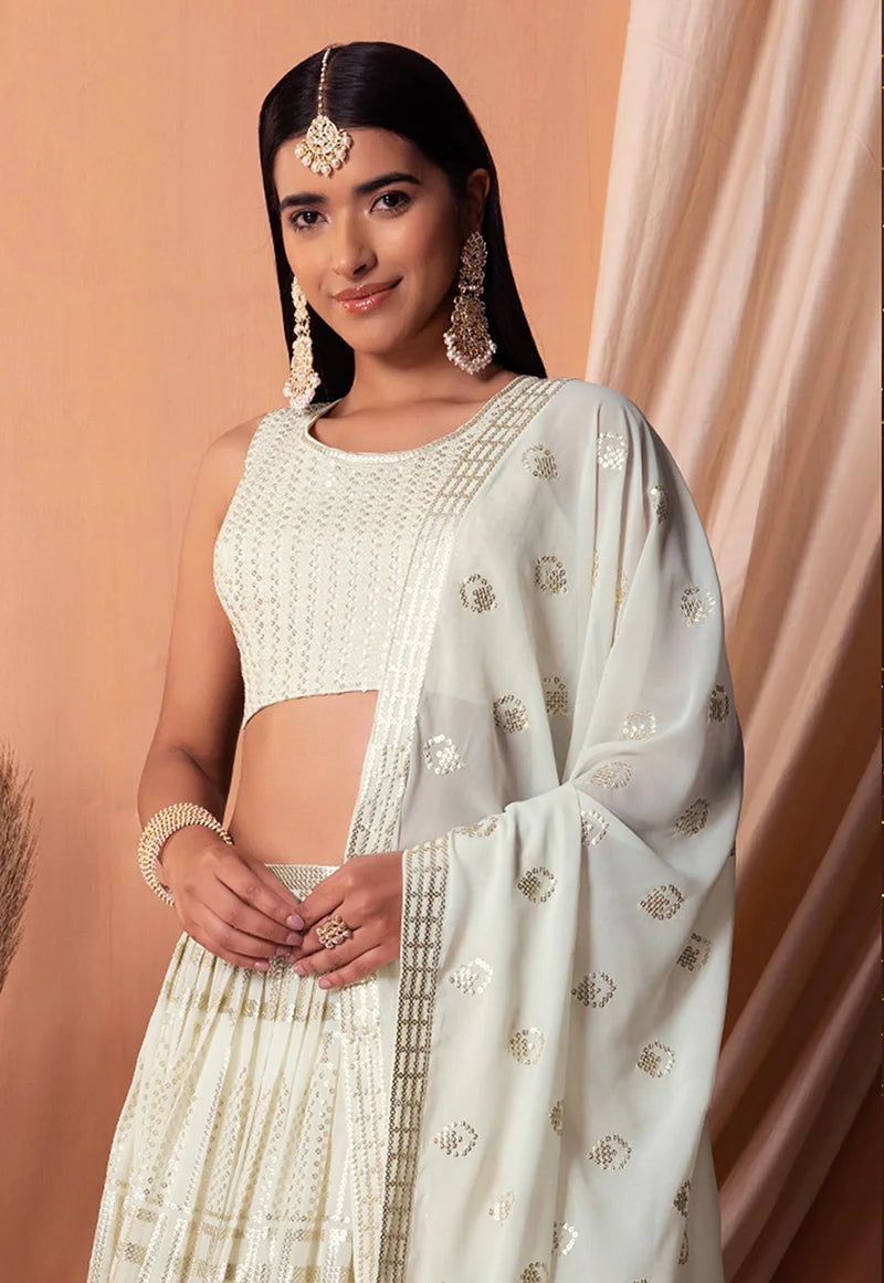 Off White Georgette Sequin Lehenga Choli with Foil Print, choli close-up