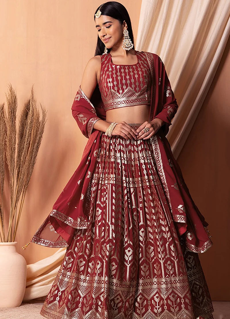 Maroon Georgette Sequin Lehenga Choli with Foil Print, side