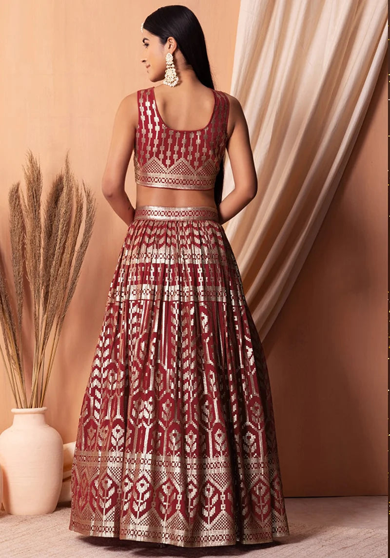 Maroon Georgette Sequin Lehenga Choli with Foil Print, back