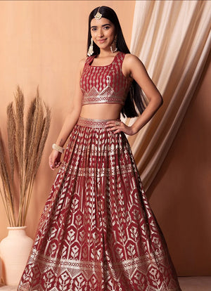 Maroon Georgette Sequin Lehenga Choli with Foil Print