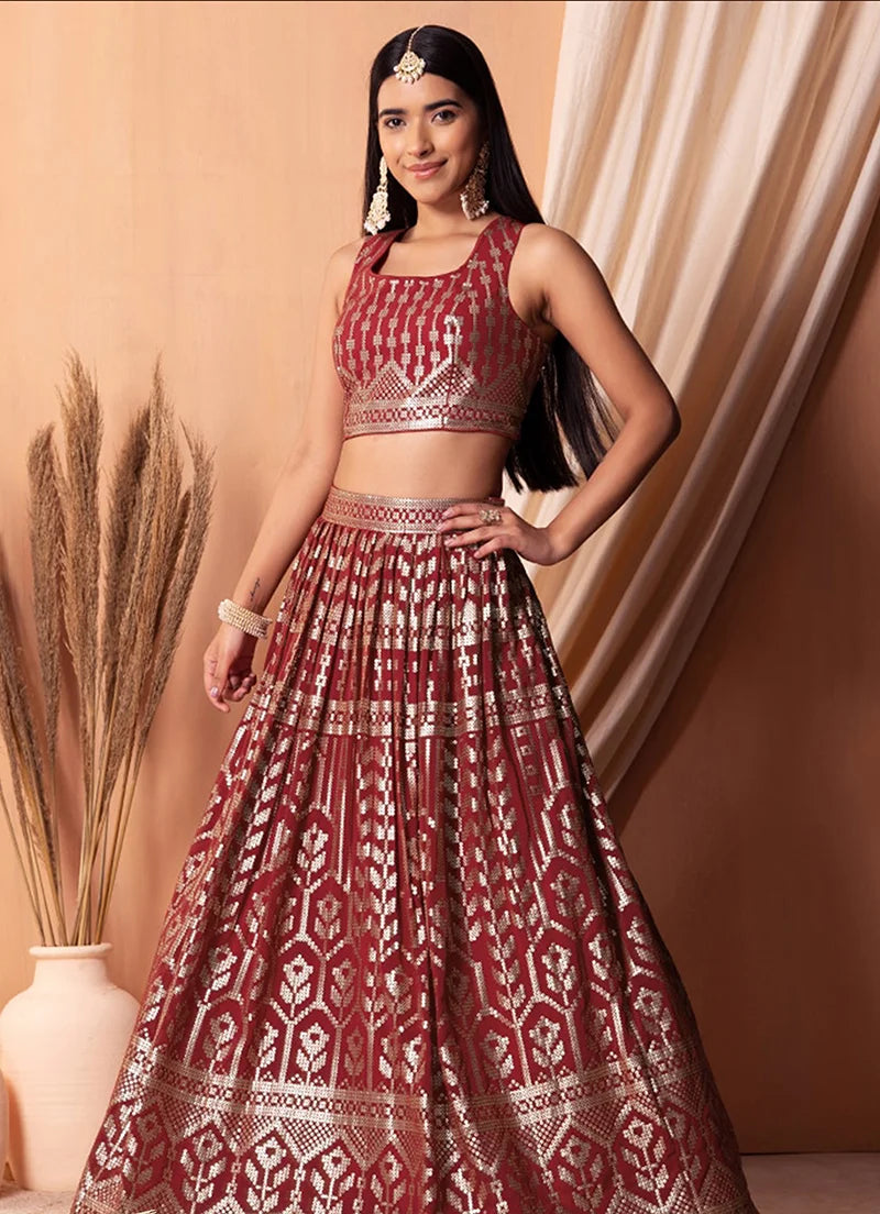 Maroon Georgette Sequin Lehenga Choli with Foil Print, styled on model