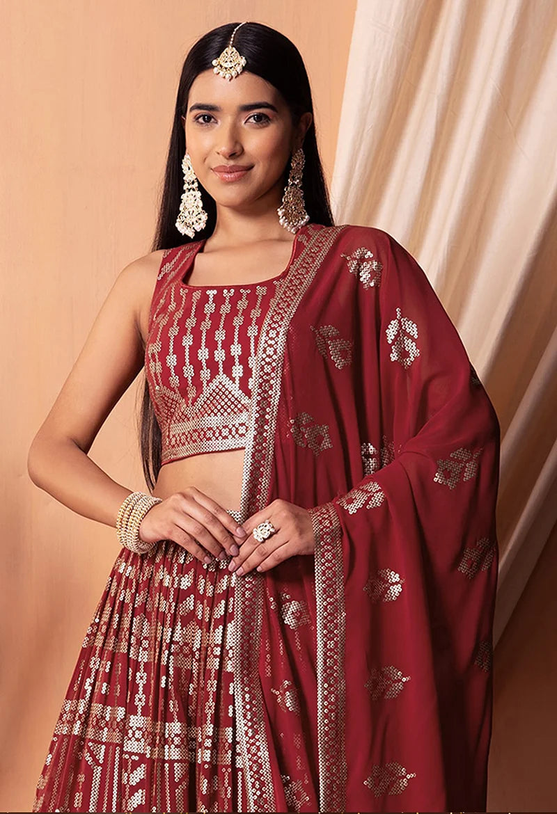 Maroon Georgette Sequin Lehenga Choli with Foil Print, choli close-up