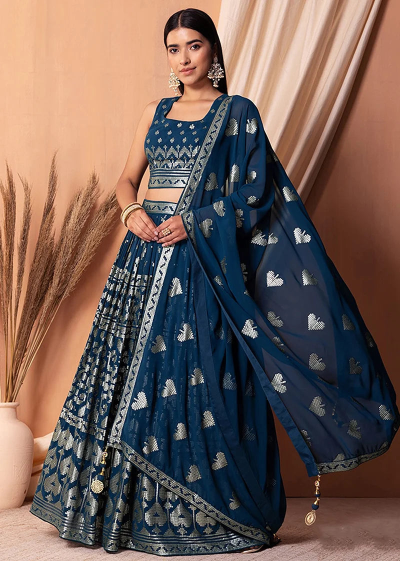 Navy Blue Georgette Sequin Lehenga Choli with Foil Print, side
