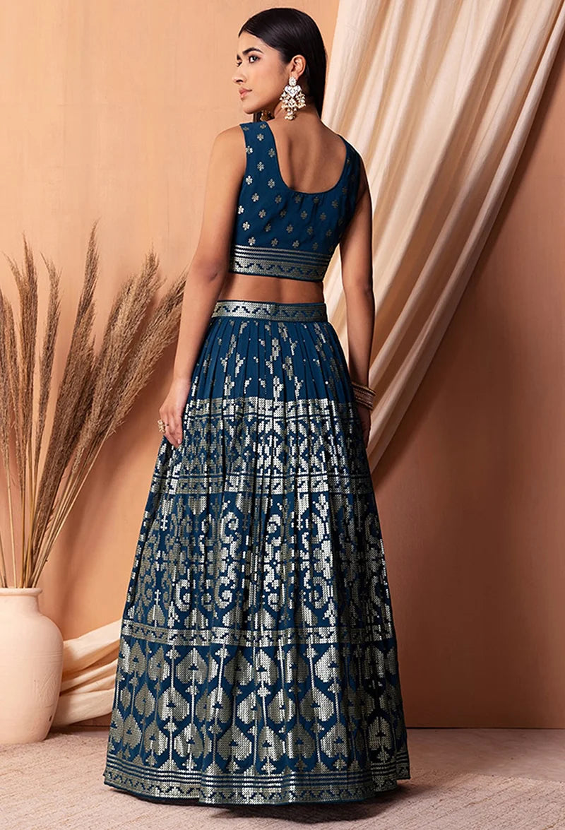 Navy Blue Georgette Sequin Lehenga Choli with Foil Print, back