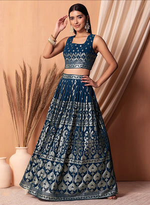 Navy Blue Georgette Sequin Lehenga Choli with Foil Print