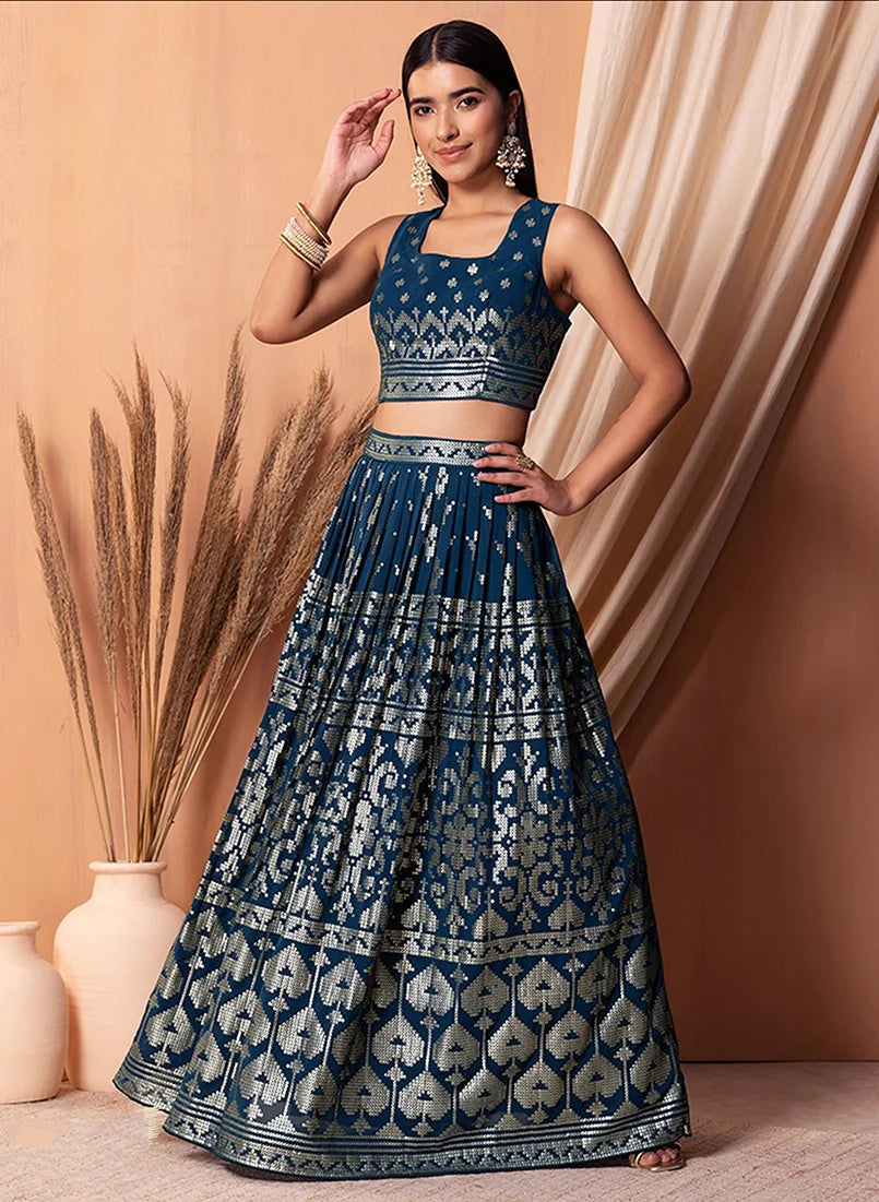 Navy Blue Georgette Sequin Lehenga Choli with Foil Print, styled on model