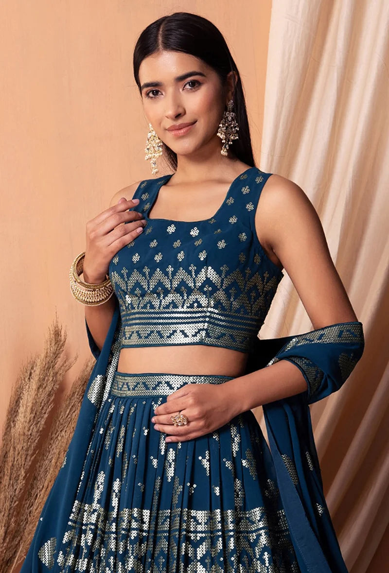 Navy Blue Georgette Sequin Lehenga Choli with Foil Print, choli close-up