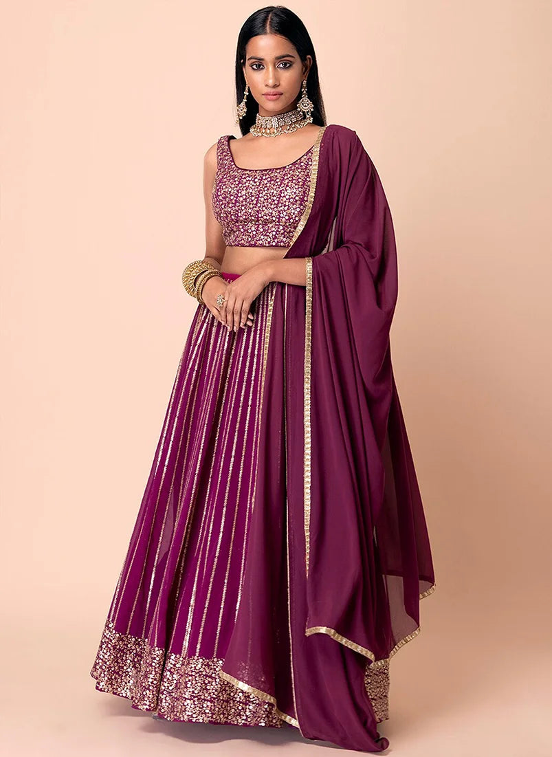 Wine Georgette Sequin Lehenga Choli with Floral Hem, side