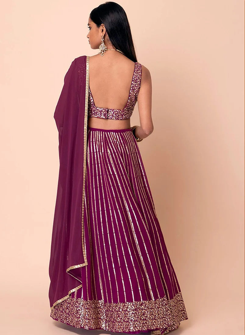 Wine Georgette Sequin Lehenga Choli with Floral Hem, back