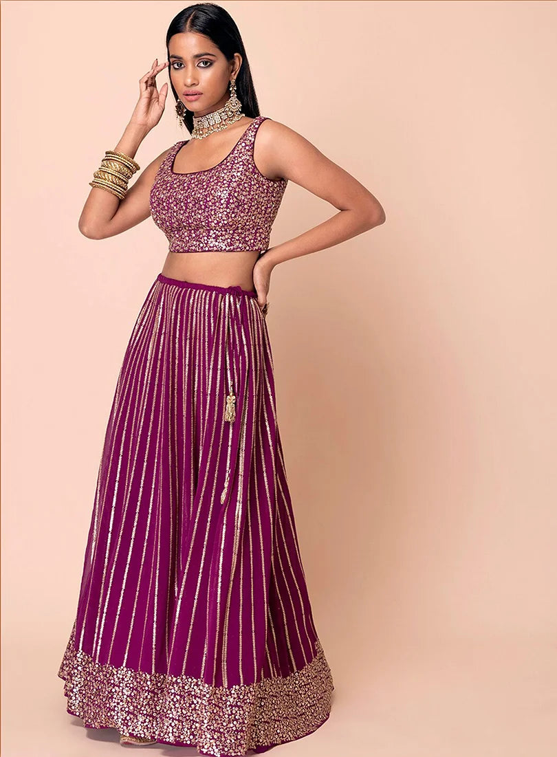 Wine Georgette Sequin Lehenga Choli with Floral Hem, side, view 2