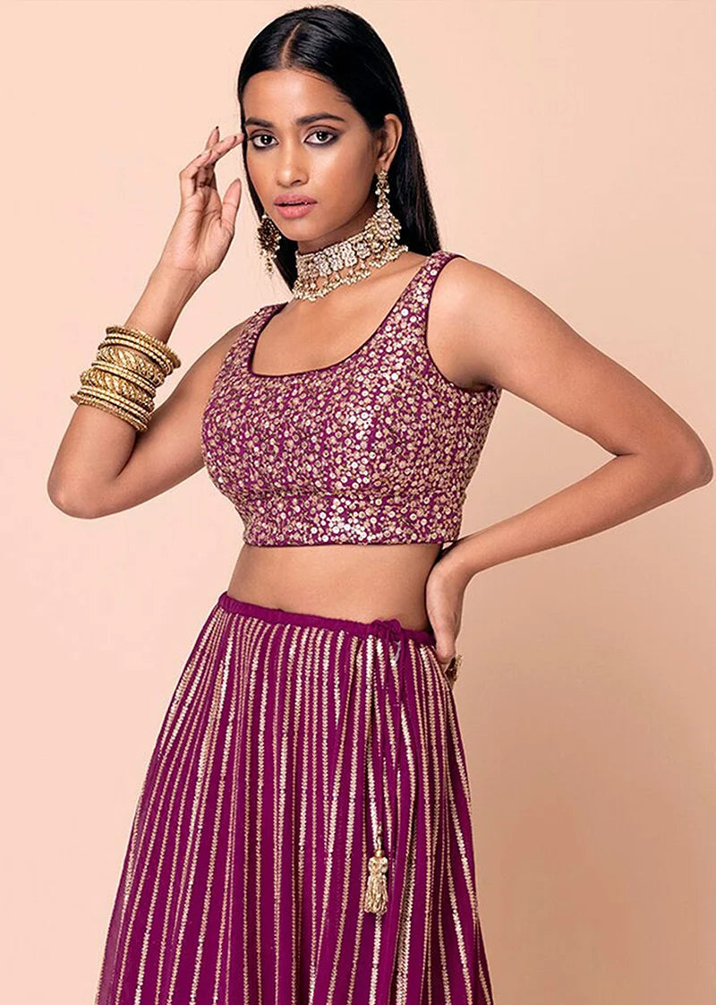 Wine Georgette Sequin Lehenga Choli with Floral Hem, choli close-up