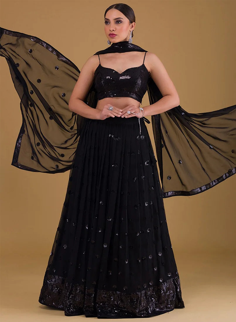 Black Georgette Sequin Lehenga Choli with Flower Clusters, front