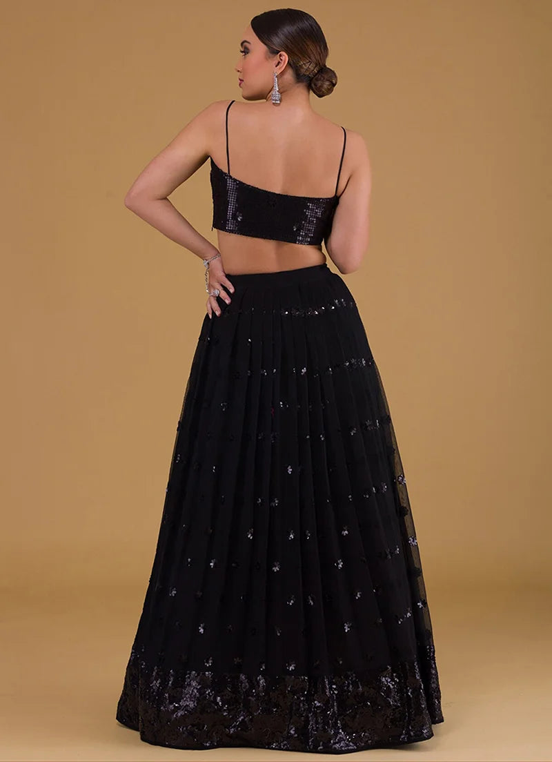 Black Georgette Sequin Lehenga Choli with Flower Clusters, back