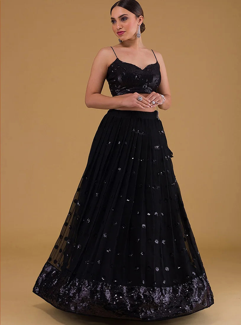 Black Georgette Sequin Lehenga Choli with Flower Clusters, styled on model