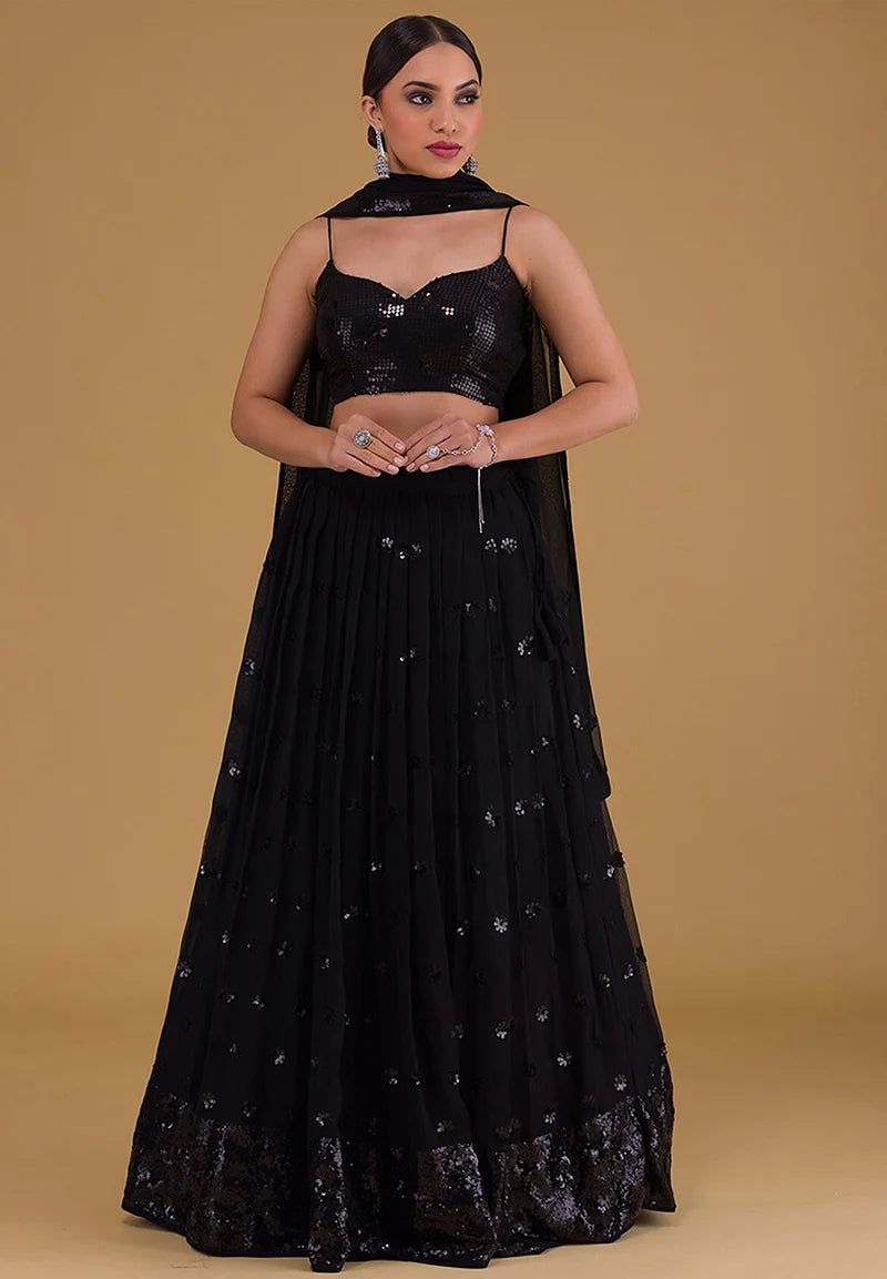 Black Georgette Sequin Lehenga Choli with Flower Clusters, side