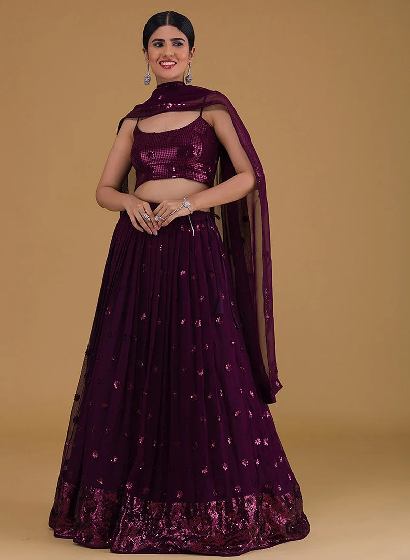 Wine Georgette Sequin Lehenga Choli with Flower Clusters, side