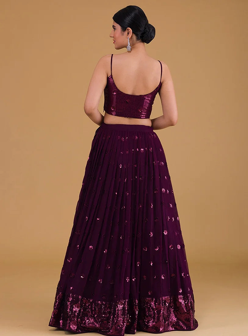 Wine Georgette Sequin Lehenga Choli with Flower Clusters, back