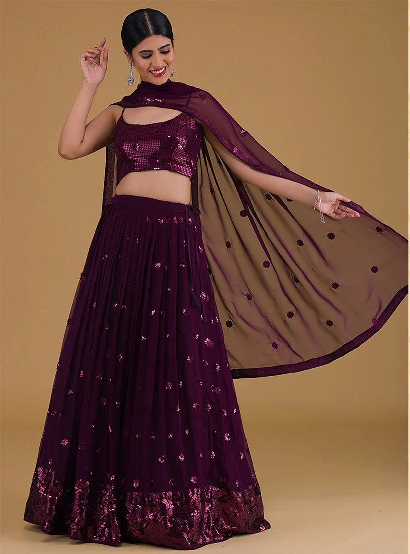 Wine Georgette Sequin Lehenga Choli with Flower Clusters, side, view 2