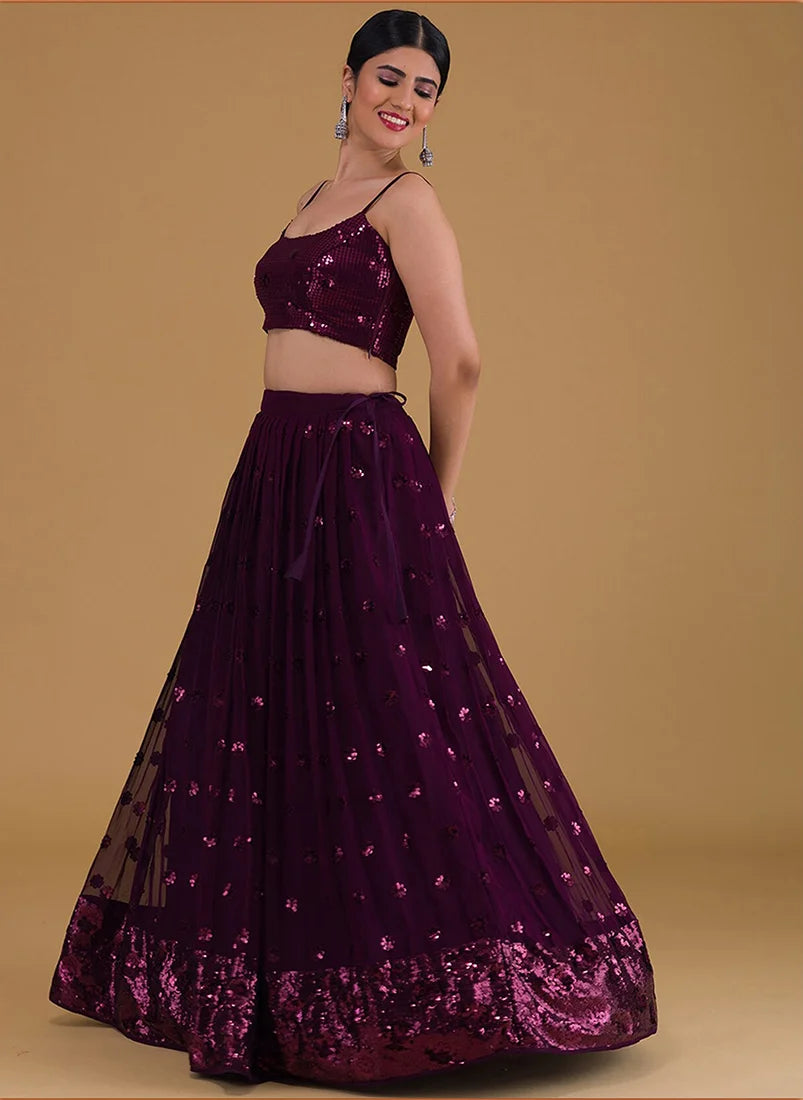 Wine Georgette Sequin Lehenga Choli with Flower Clusters, side, view 3