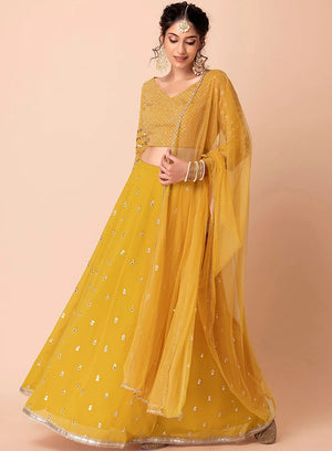 Mustard Georgette Embroidered Lehenga Choli with Lattice Sleeves