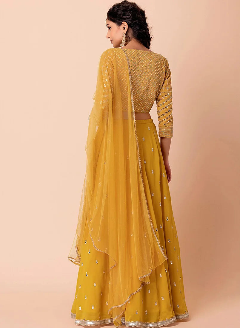 Mustard Georgette Embroidered Lehenga Choli with Lattice Sleeves, back