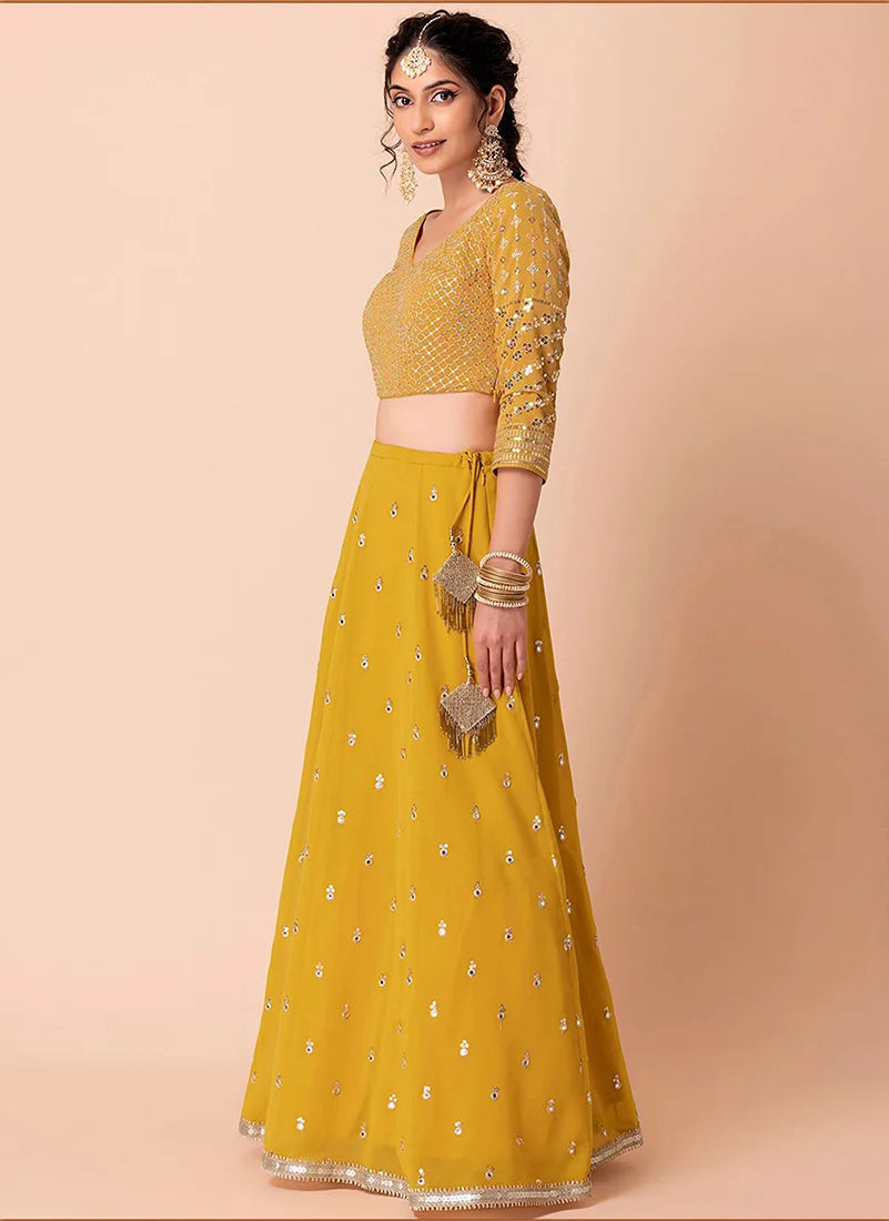 Mustard Georgette Embroidered Lehenga Choli with Lattice Sleeves, side, view 2
