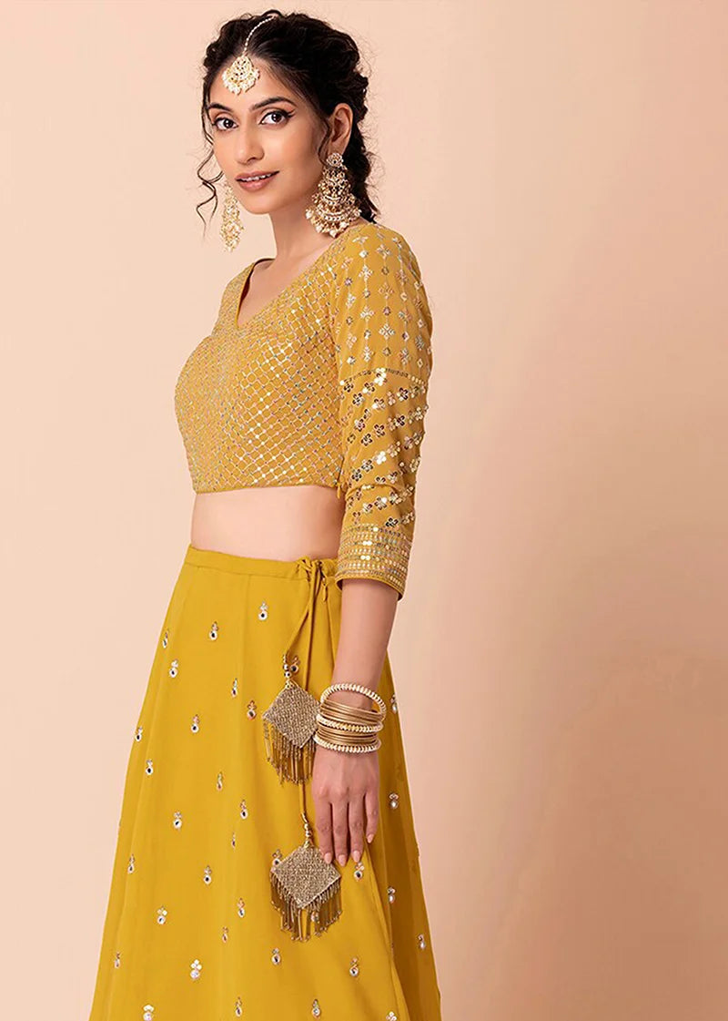 Mustard Georgette Embroidered Lehenga Choli with Lattice Sleeves, choli close-up