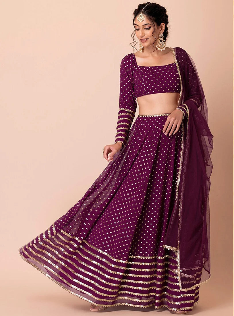Purple Georgette Embroidered Lehenga Choli with Scalloped Hem, front
