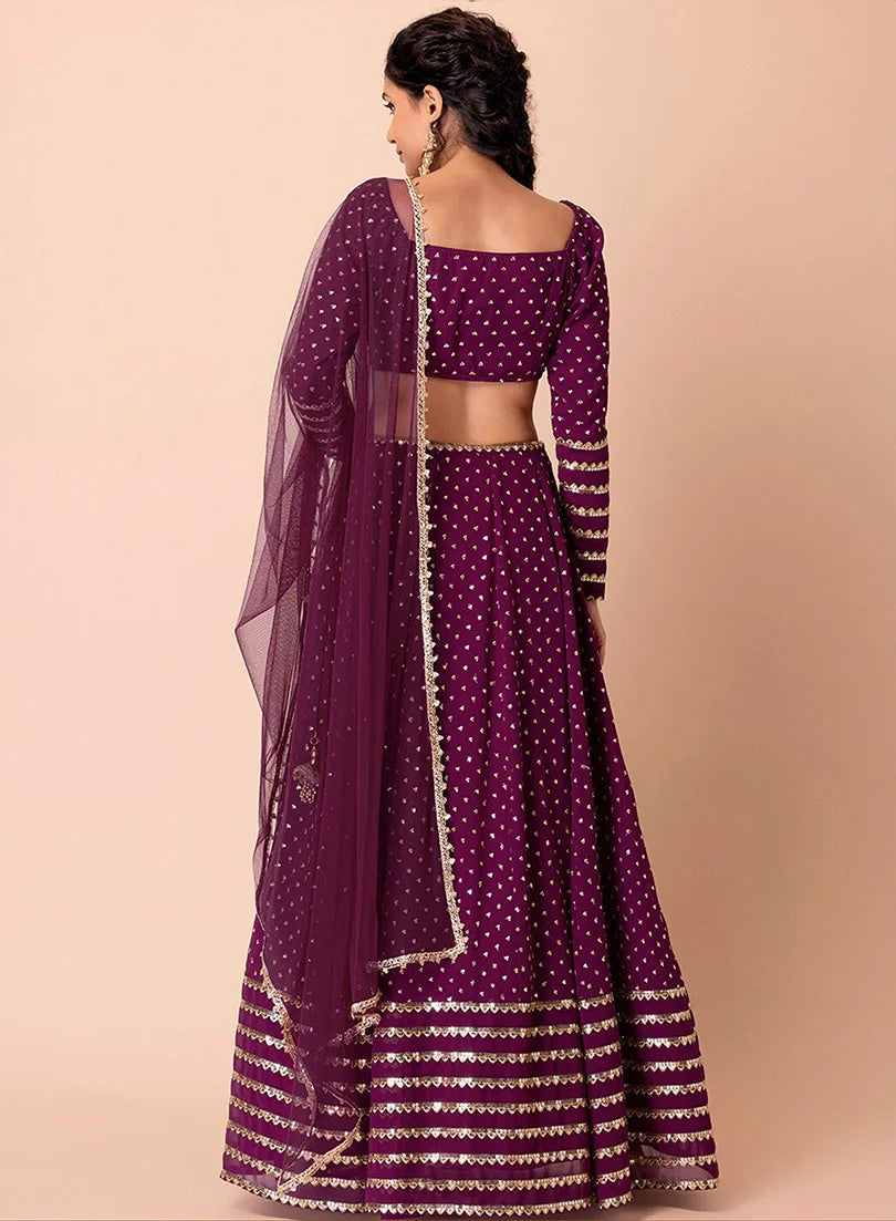Purple Georgette Embroidered Lehenga Choli with Scalloped Hem, back