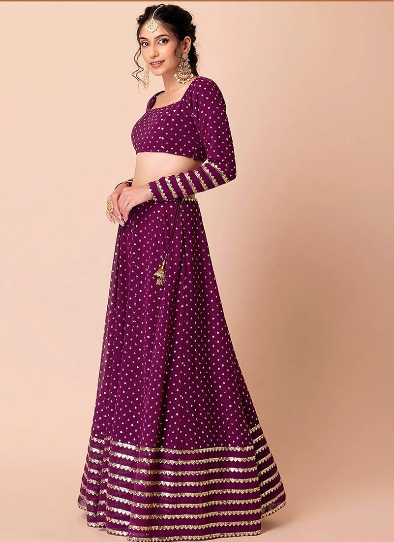 Purple Georgette Embroidered Lehenga Choli with Scalloped Hem, side