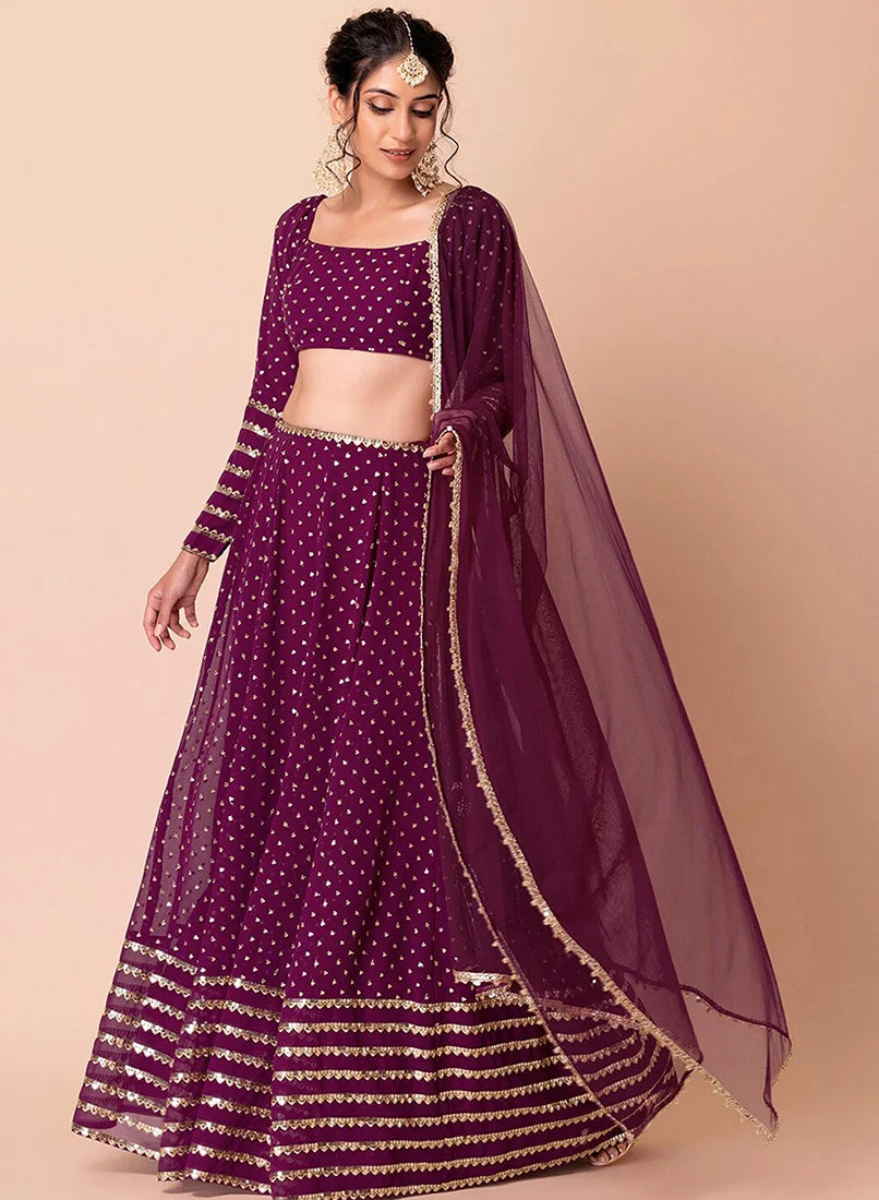 Purple Georgette Embroidered Lehenga Choli with Scalloped Hem, side, view 2