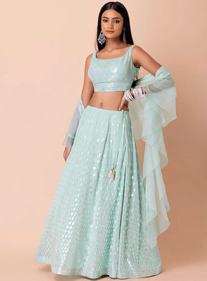 Sky Blue Georgette Sequin Lehenga Choli with Diamond Motifs