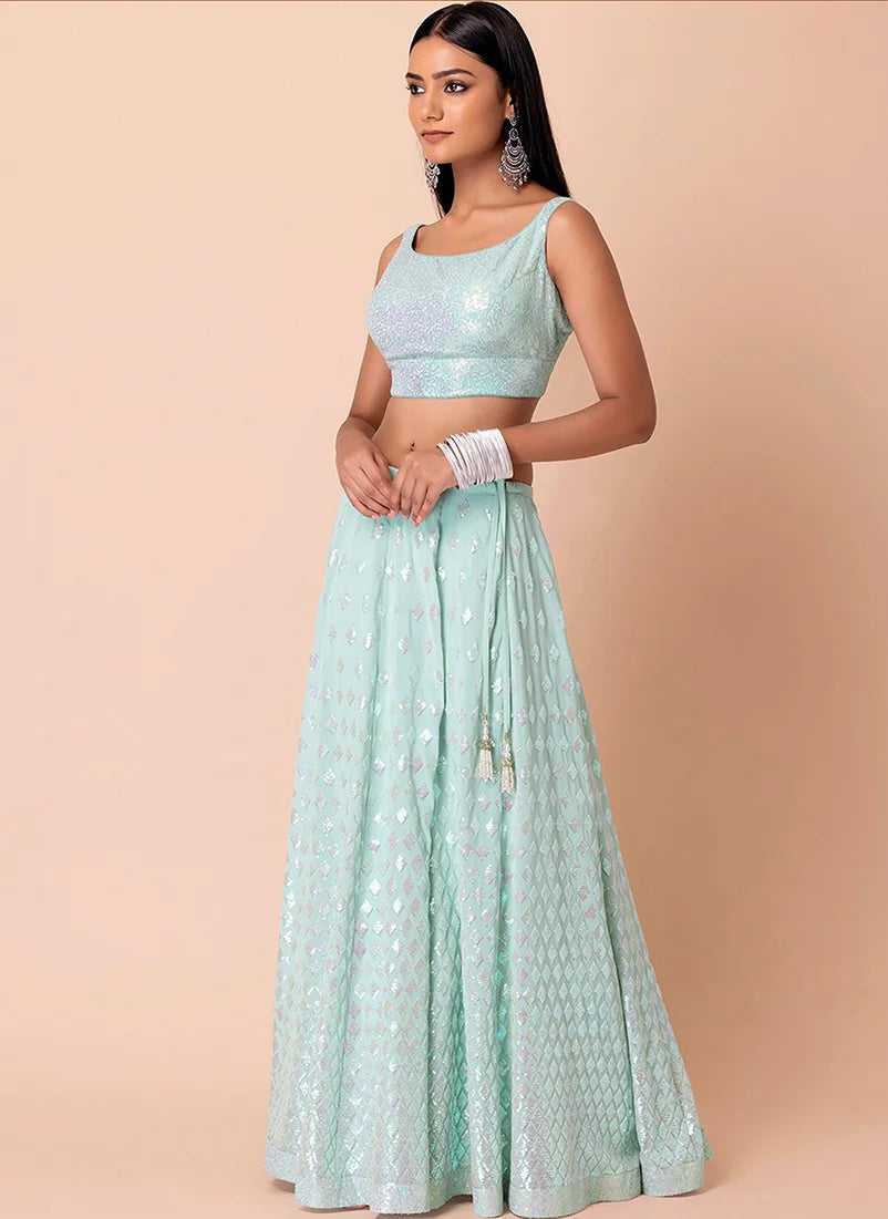 Sky Blue Georgette Sequin Lehenga Choli with Diamond Motifs, side