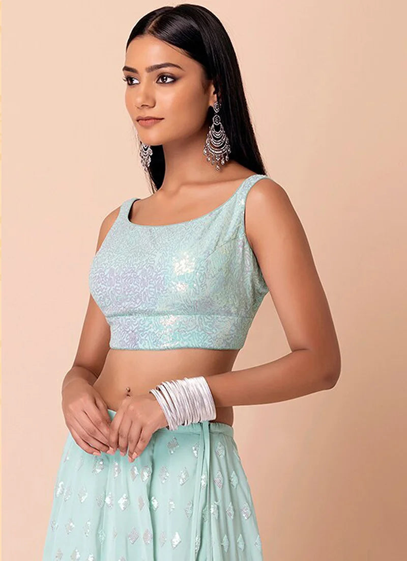 Sky Blue Georgette Sequin Lehenga Choli with Diamond Motifs, choli close-up
