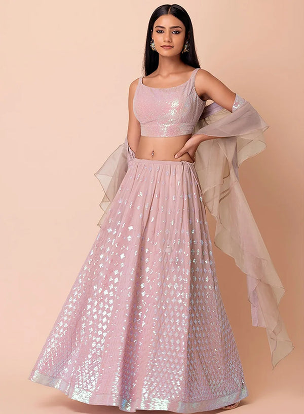 Baby Pink Georgette Sequin Lehenga Choli with Diamond Motifs, front