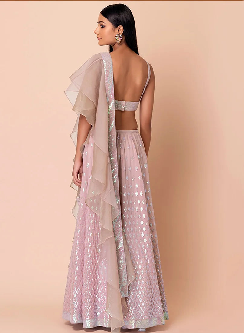 Baby Pink Georgette Sequin Lehenga Choli with Diamond Motifs, back