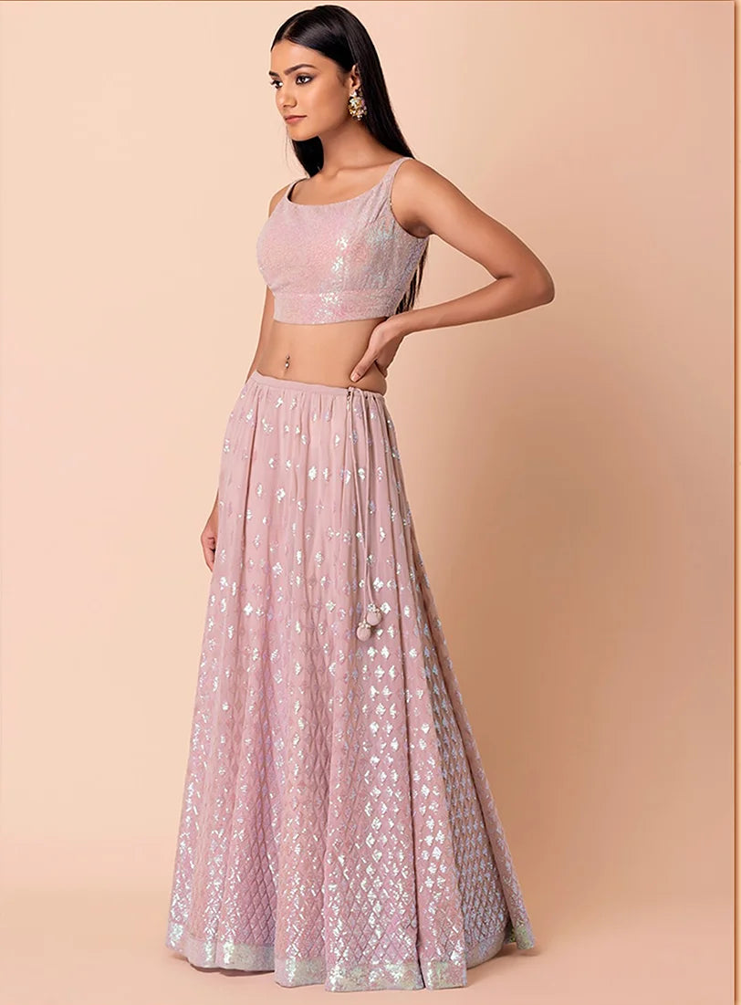 Baby Pink Georgette Sequin Lehenga Choli with Diamond Motifs, side