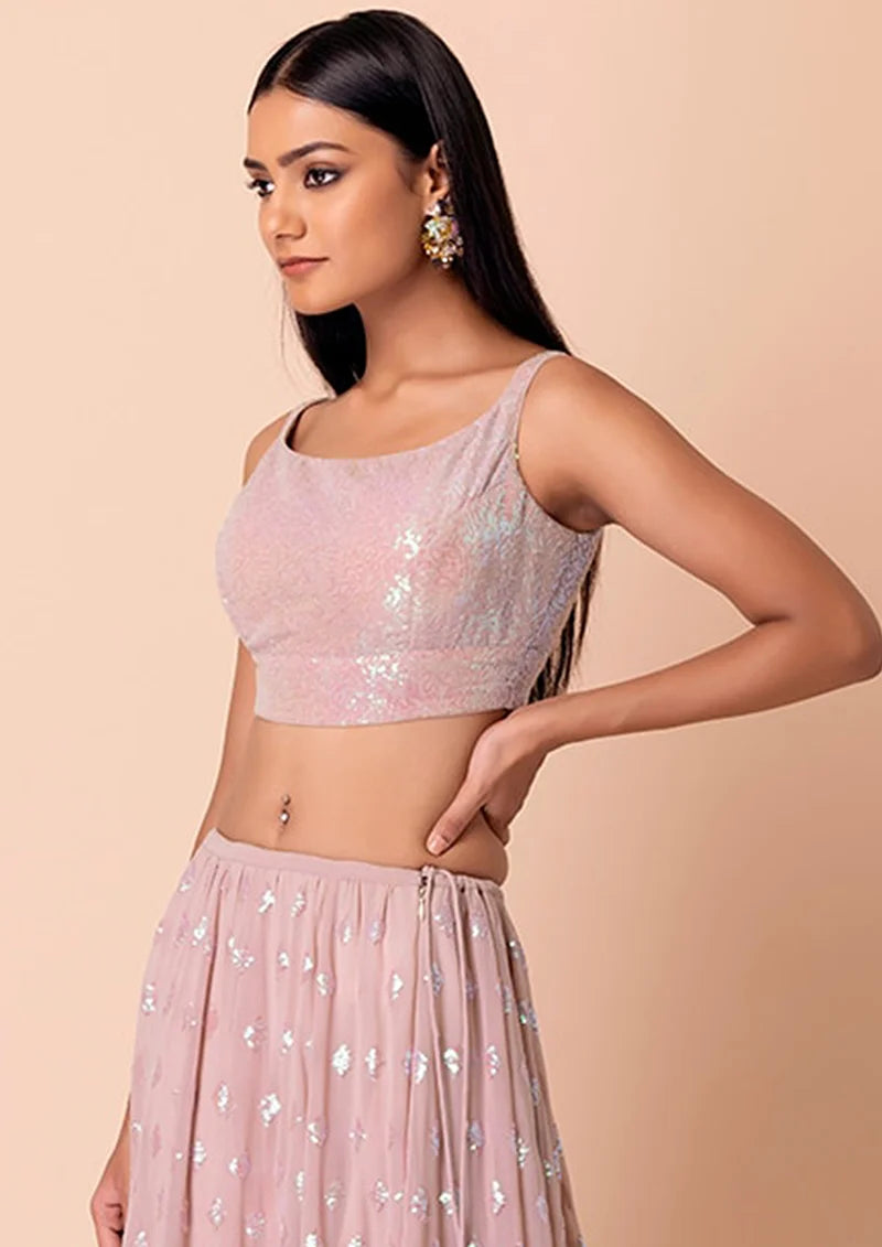Baby Pink Georgette Sequin Lehenga Choli with Diamond Motifs, choli close-up
