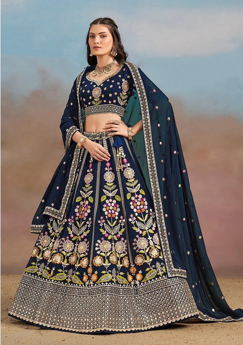 Navy Blue Georgette Embroidered Lehenga Choli with Floral Panels, front