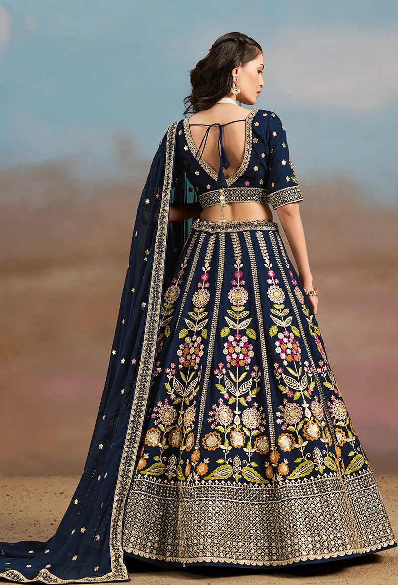 Navy Blue Georgette Embroidered Lehenga Choli with Floral Panels, back
