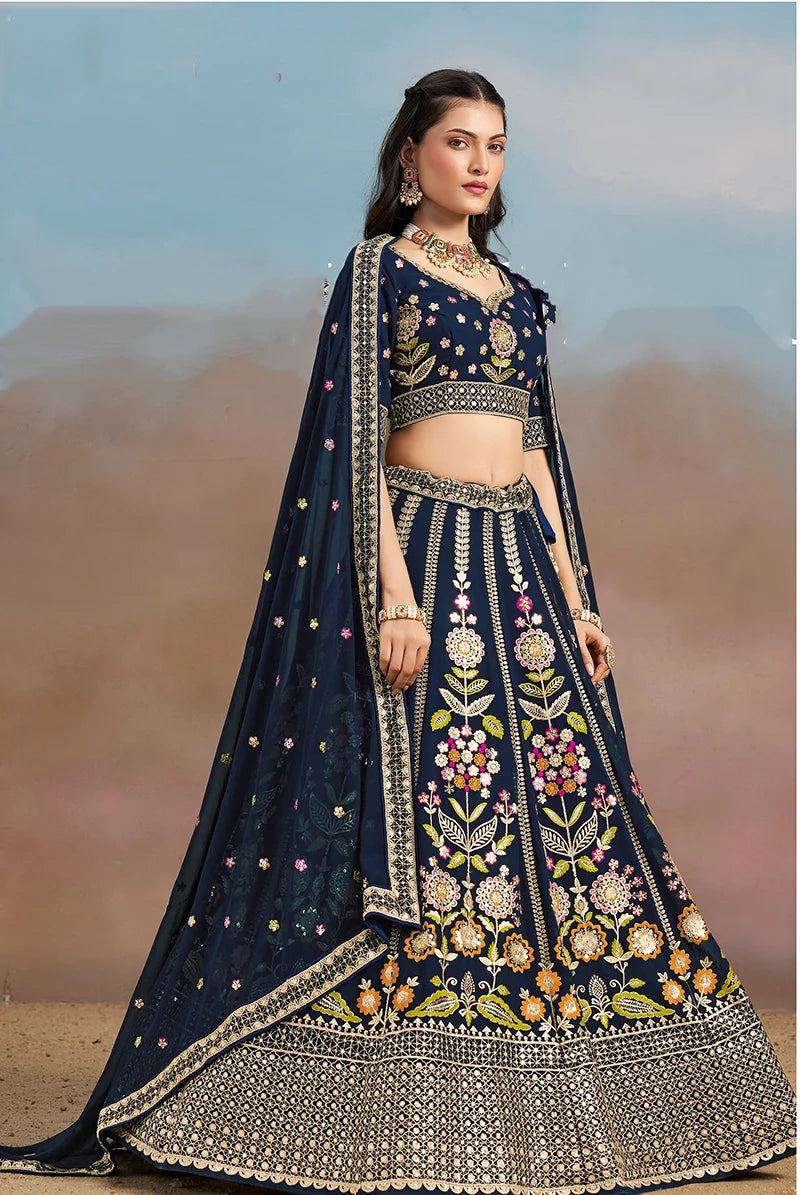 Navy Blue Georgette Embroidered Lehenga Choli with Floral Panels, side