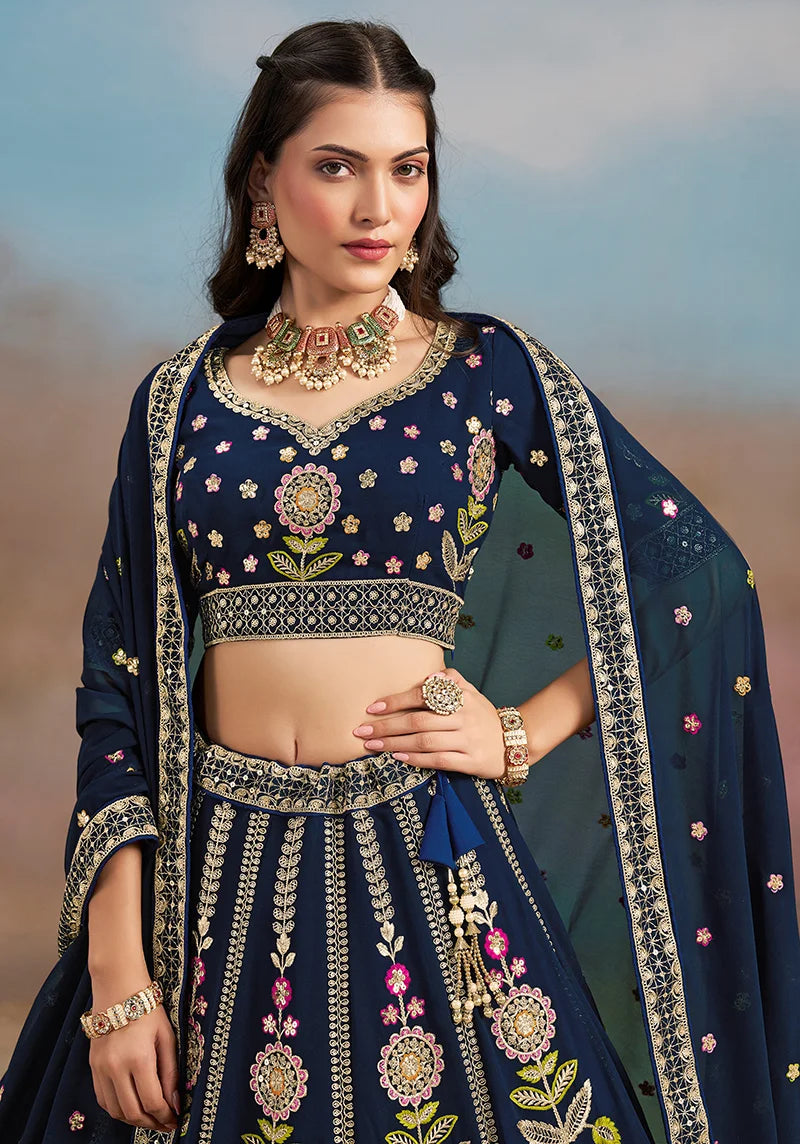 Navy Blue Georgette Embroidered Lehenga Choli with Floral Panels, choli close-up