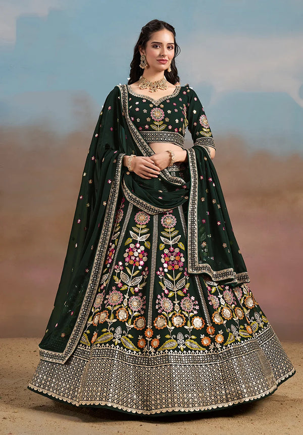 Teal Green Georgette Embroidered Lehenga Choli with Floral Panels, front